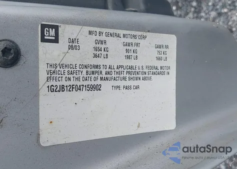 2004 Pontiac Sunfire z USA, uszkodzony, nr VIN 1G2JB12F047159902